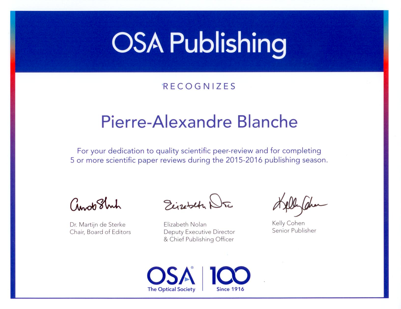 Certificates of Appreciation OSA, SPIE, Wiley