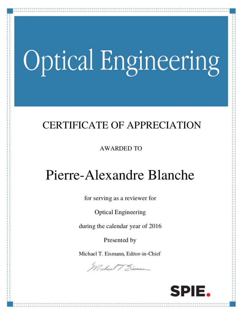 Certificates of Appreciation OSA, SPIE, Wiley